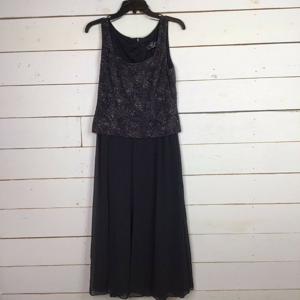 New Alex Evening Maxi Evening Dress Sparkle Overlay Dark Gray Women's 10